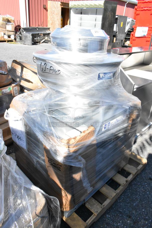 Wrapped Canarm ALX120-UD-EC upblast exhauster and Manitowoc remote compressor, on pallet, 120/208-240V, 1 Phase.