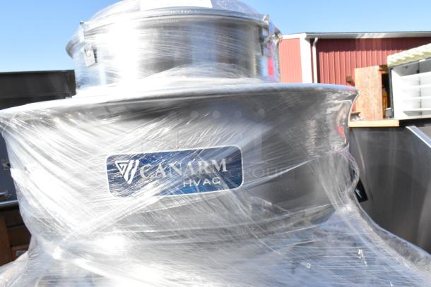 Canarm ALX120-UD-EC upblast exhauster, direct drive, spun aluminum, Canarm HVAC label, wrapped in plastic.