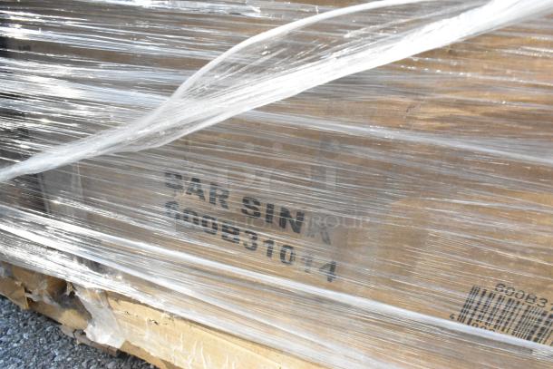 Five brand new boxes wrapped, labeled "BAR SINK 600B310-4," containing Regency 600B31014 bar sinks.