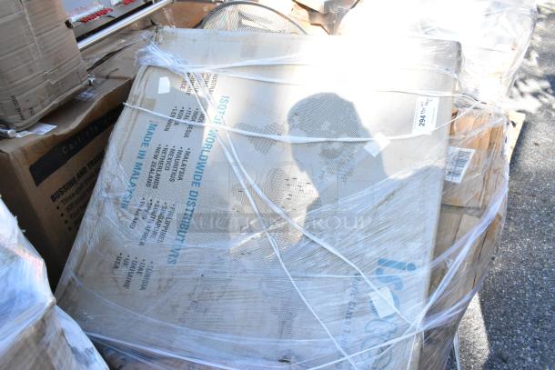 Five boxes containing Regency 600B31014 bar sinks, brand new, wrapped in plastic on a pallet, label visible with "Made in Malaysia."