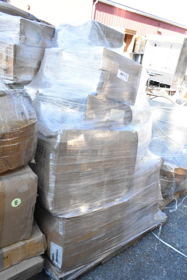 Pallet of 20 brand new boxes wrapped in plastic, including condiment organizers and kitchen items. Auction lot label visible.