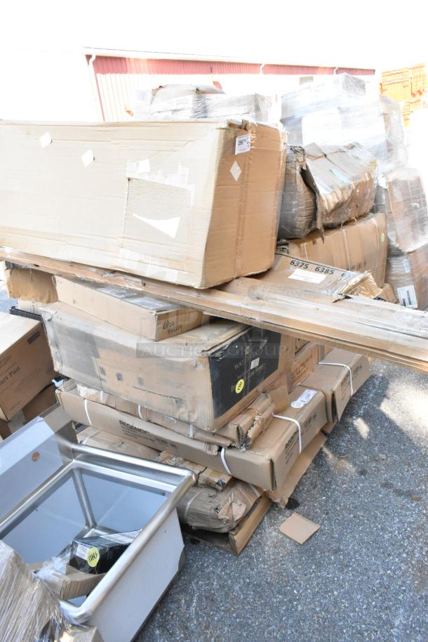 15 brand new boxes containing a dirty dish table and wire shelf, unopened, visible labels, some boxes slightly dented.