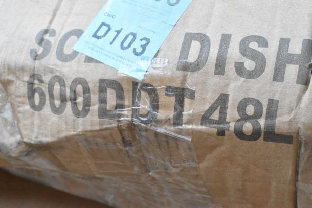 Cardboard box with "600DDT48L" and a label "D103" visible, containing brand new dirty dish table and wire shelf.