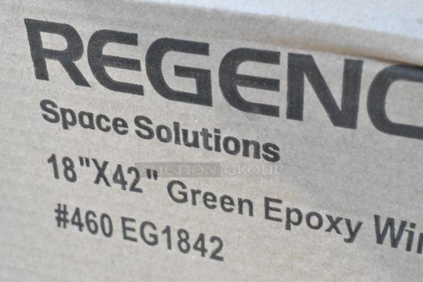 Brand new box labeled "Regency Space Solutions 18"x42" Green Epoxy Wire Shelf #460 EG1842."