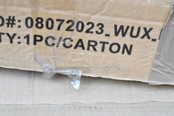 Close-up of cardboard box label reading "08072023_WUX" and "QTY: 1PC/CARTON." Box contains new dirty dish table, wire shelf.