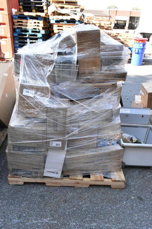 Pallet of 30 new boxes with cup dispenser, sherbet dishes, mop bucket, faucets, and dispensers, wrapped in plastic.