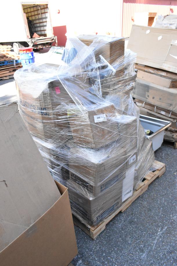 Pallet of 30 brand new boxes, plastic-wrapped, containing cup dispenser, sherbet dishes, mop bucket, faucet, and dispensers.