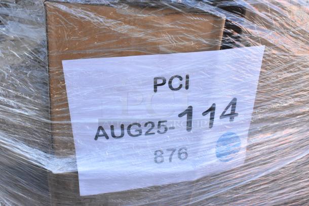 Stack of 30 brand-new boxes wrapped in plastic; label reads "PCI, AUG25-114, 876." Contains cup dispenser, sherbet dishes, mop bucket, faucet.