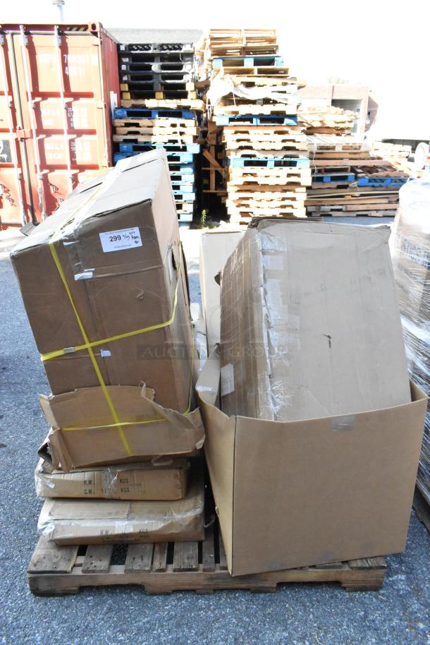8 new boxes on pallets, including counter, cabinet, and utility cart; one box labeled "299 qty 1/3 box." Slight damage visible.