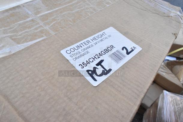 Cardboard box label for counter height stool, orange, 24"H, metal, with drainage. Model: 354CH24GBOR, PCI brand.