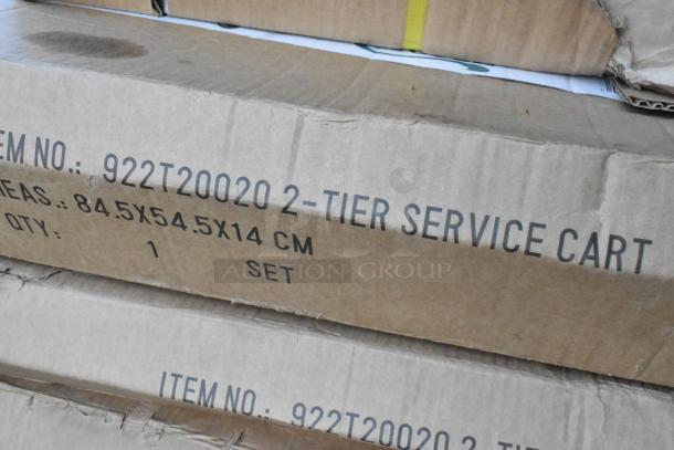 Boxes labeled "92ZT20020 2-Tier Service Cart," dimensions 84.5x54.5x14 cm, quantity listed as 1 set.