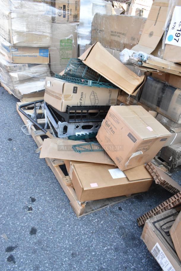 Stack of unopened boxes containing wire shelves and tart pans on a pallet. Boxes labeled for 12 units. Brand new condition.