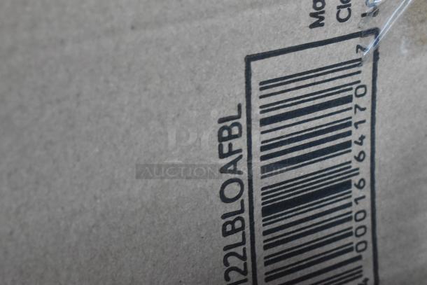 Barcode and label on a cardboard box. Item code: 122LBLOAFBL. Box part of a set including wire shelves and tart pans.