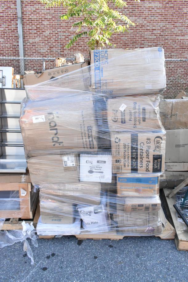 Pallet of 30 boxes containing new to-go containers, bowls, tumblers, lids, wrapped in plastic, with visible labels and barcodes.