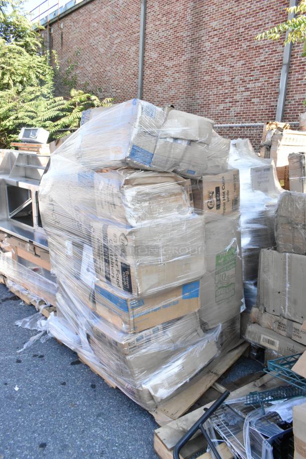 Paletted stack of 30 brand new boxes containing to-go containers, bowls, tumblers, and lids, wrapped in plastic.