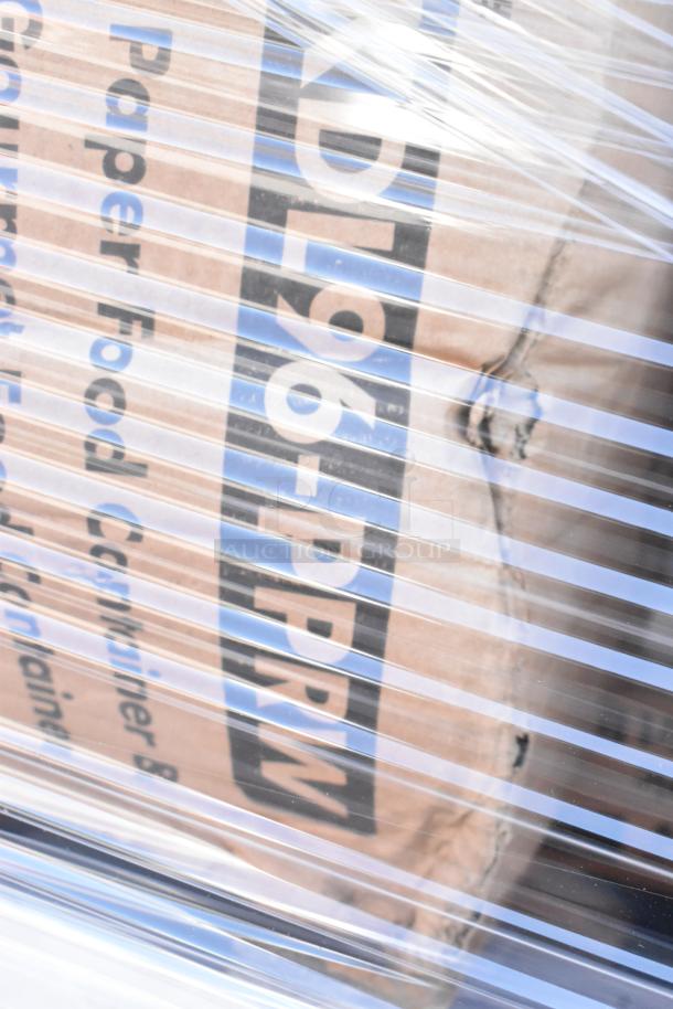 A pallet of 30 new boxes of paper food containers, model DL96-PPRM, wrapped in plastic. Includes containers, bowls, tumblers, lids.