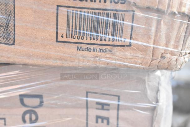 Stacked cardboard boxes wrapped in plastic, with a visible barcode and "Made in India" label. Contains new containers.