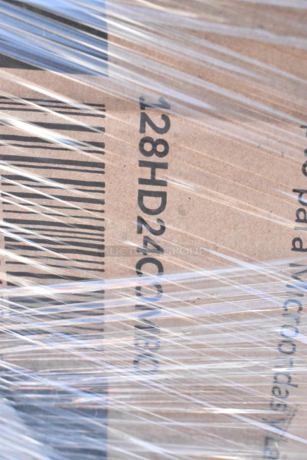 Plastic-wrapped cardboard box with part number "128HD24CME" visible. Contains new to-go containers, bowls, tumblers, lids.