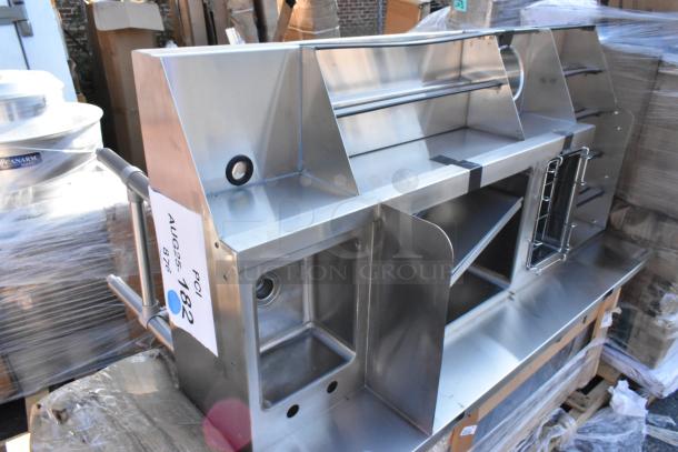 3-brand-new Regency stainless steel cocktail station with liquor display rack and cold plate.