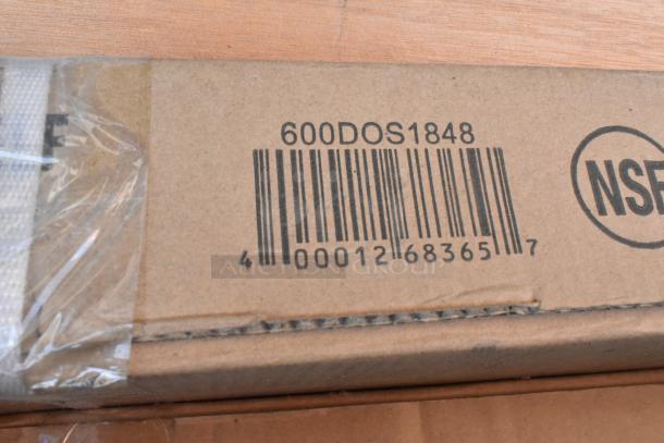 Cardboard box with barcode and NSF label. Item code: 600DOS1848. Part of a new Regency stainless steel set.