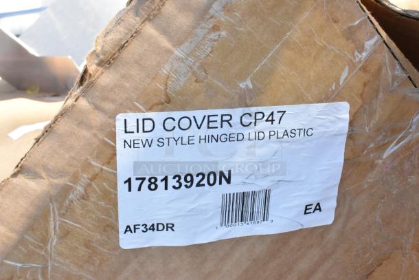 Cardboard box with label for Avantco 17813920N Lid Cover, CP47 model, new style hinged lid plastic.