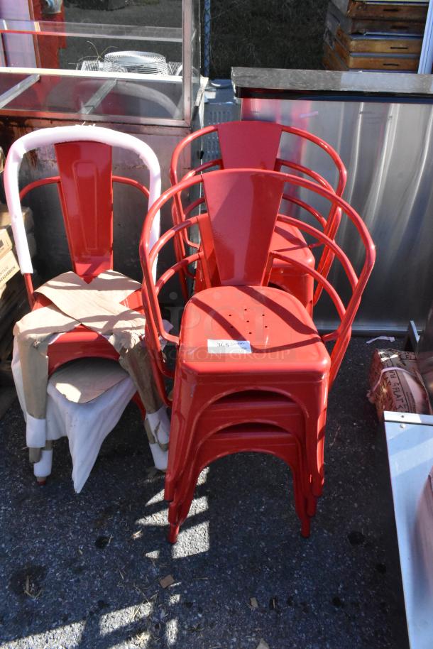 Eight brand new red metal Tolix style chairs, three with armrests, displayed stacked. Modern design, ideal for home or cafe use.