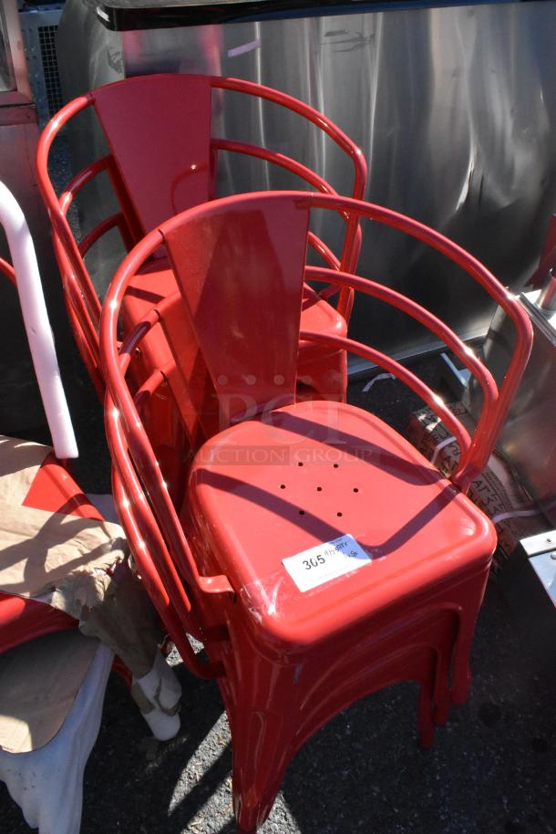 Set of 8 brand new red metal Tolix style chairs, 3 with armrests, in pristine condition. Marking indicates lot number.