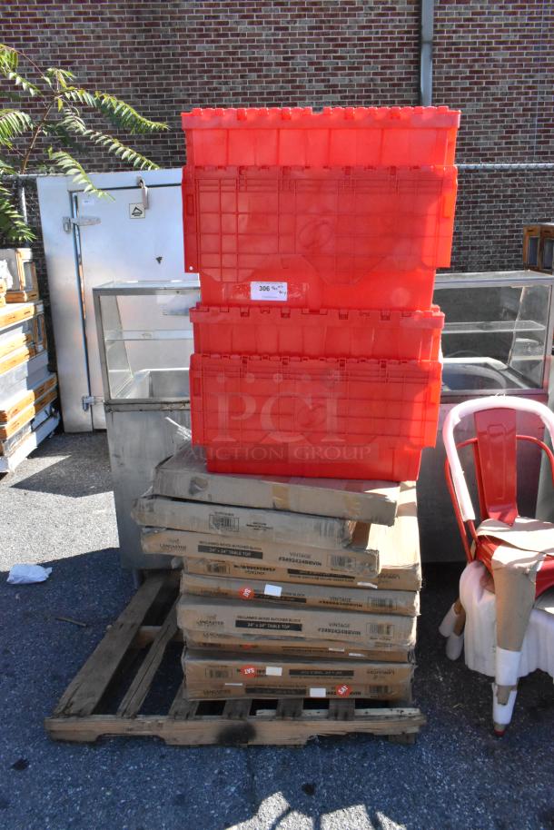 14-brand new scratch and dent items including shelf, chafer, cutting board, tables, red crates, and boxed tabletop.