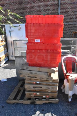 14-brand new scratch and dent items including shelf, chafer, cutting board, tables, red crates, and boxed tabletop.
