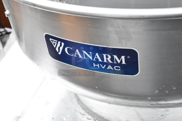 Canarm ALX120-UD-EC upblast exhauster, spun aluminum, 120/208-240V, 1 phase, featuring Canarm HVAC logo.
