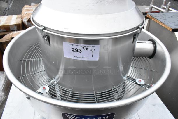 Canarm ALX120-UD-EC upblast direct drive exhauster, spun aluminum, 120/208-240V, 1 phase, excellent condition, auction label visible.