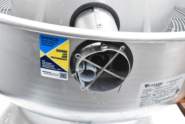 Canarm ALX120-UD-EC Upblast Exhauster, direct drive, spun aluminum, 120/208-240V, 1 phase. AMCA certification label visible.