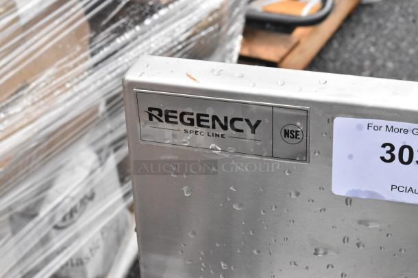 Alt text: Regency Spec Line 60" stainless steel cocktail station, new with scratches and dents. Features liquor display rack, cold plate, NSF certified.