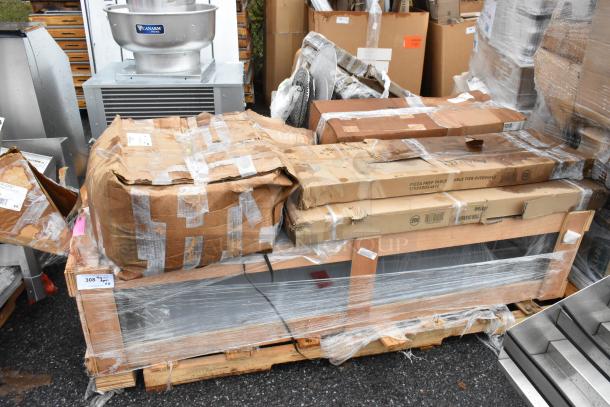 8 new scratch and dent items, including Avantco stainless steel double deck overshelf and Lavex dust mop head, still in wrap.