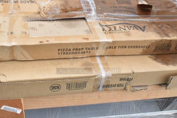 8 brand new items in packaging, including Avantco stainless steel double deck overshelf model 178SSDOS4812, visible labels.