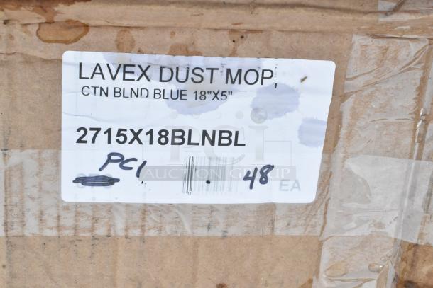 Lavex Dust Mop Label, 18"x5" Blue Cotton Blend. Model: 2715X18BLNBL, New Condition, Boxed with Markings: "PC1", "48 EA".