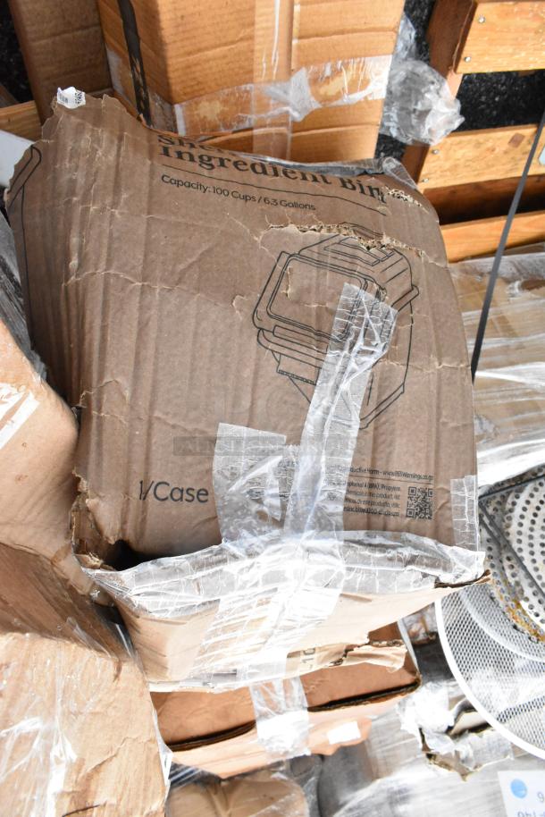 Cardboard box of ingredient bins, 100 cups/6.3 gallons, packaging damaged, scratch and dent condition.
