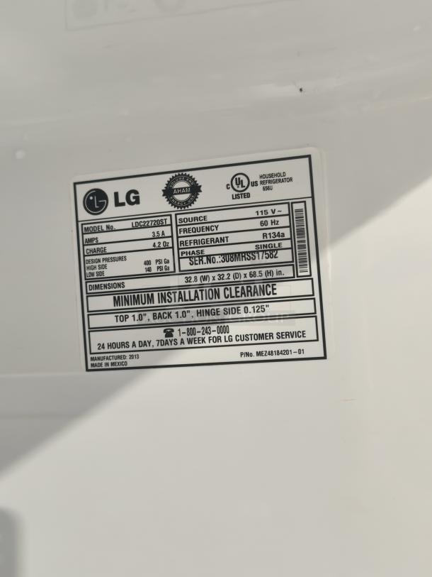 LG 22.4 cu ft single door refrigerator with pull-out bottom freezer. Model LDC22720ST, made in Mexico, 2013.