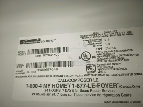 Kenmore Coldspot model 10657362700 refrigerator label showing model, serial number HRW0687649, and manufacturing date 02-2008.
