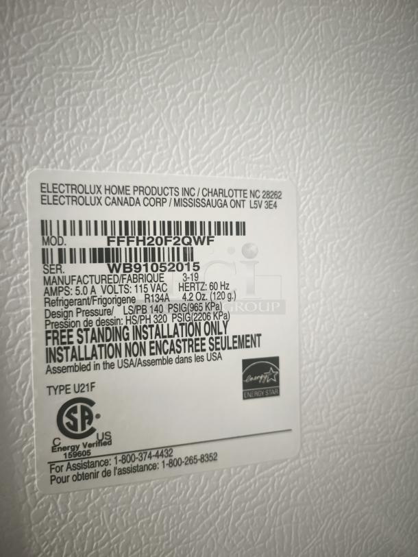 Frigidaire Model FFFH20F2QW label showing electrical specs, Energy Star certification, and manufacturing details.