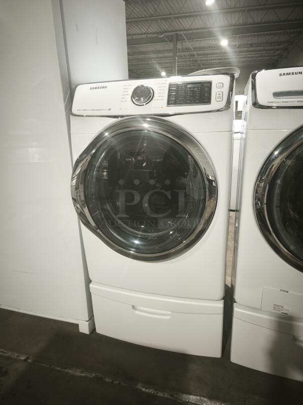 Samsung 27-inch electric dryer, model DV45H6300EW, featuring 13 dry cycles, 5 temperature settings, steam, and sensor dry, in white.