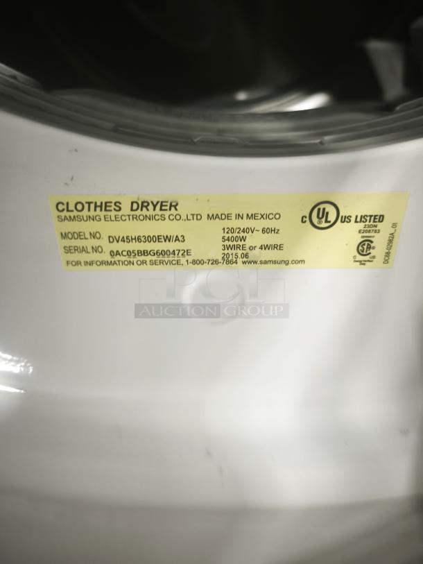 Samsung electric dryer label, Model DV45H6300EW, made in Mexico, 5400W, 120/240V, UL certified.