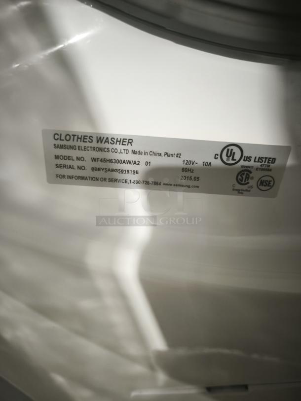 SAMSUNG WF45H6300AW 27" front-load washer, features 13 wash cycles, Steam, SuperSpeed Cycle, ENERGY STAR certified, white.