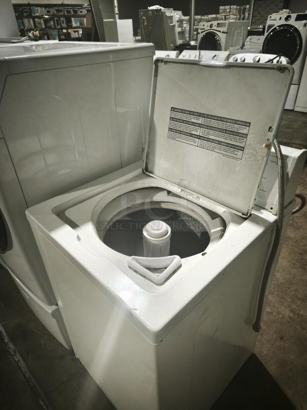 Estate 2-Speed Automatic Washer, top-load, white, lid open showing interior, visible use wear.