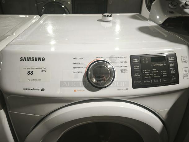 Samsung electric dryer, model dv42h5000ew/a3, 7.5 cu. ft., white. Features moisture sensor, multiple cycle options. Appears in good condition.