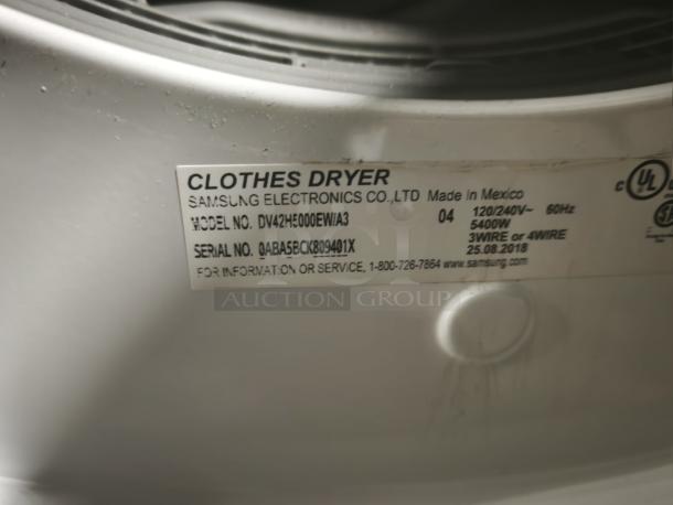 SAMSUNG 7.5 cu. ft. Electric Dryer, Model dv42h5000ew/a3, Made in Mexico, UL certified, 120/240V, 5400W.