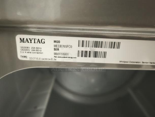 MAYTAG 27" Electric Dryer, model MEDB765FC0, tag shows IntelliDry® Sensor, capacity 7.4 cu. ft., Metallic Slate.