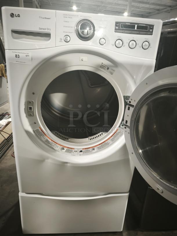 LG 27" electric dryer, model DLEX2650W, white, 7.3 cu. ft. capacity, 9 dry cycles, steam functions, dual LED display.
