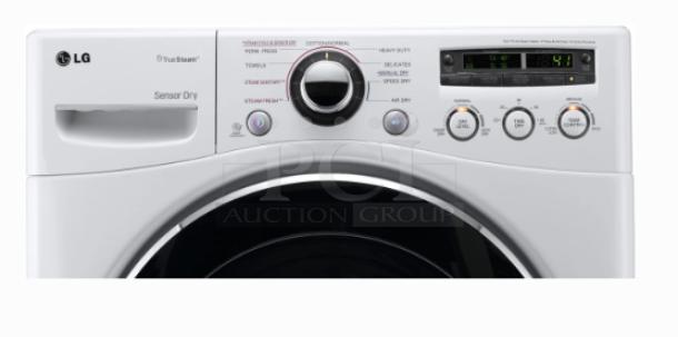 LG 27-inch electric dryer, Model DLEX2650W, 7.3 cu. ft. capacity, 9 dry cycles, steam functions, alloy steel drum, dual LED display.