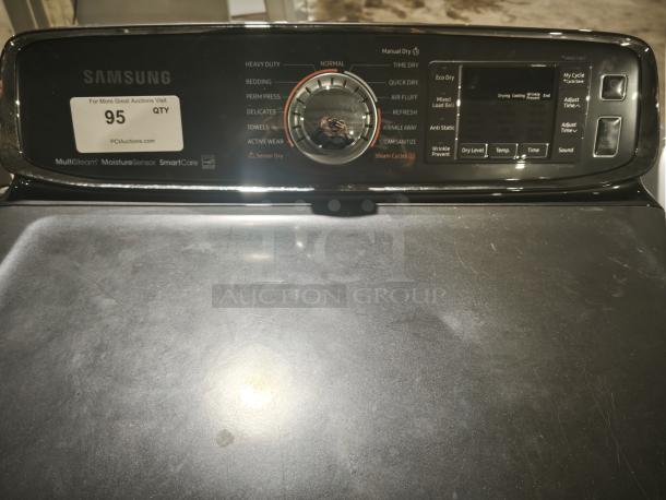 SAMSUNG 7.4 Cu. Ft. black stainless electric dryer with steam, model DVE52M7750V/A3, featuring manual dial and digital display.